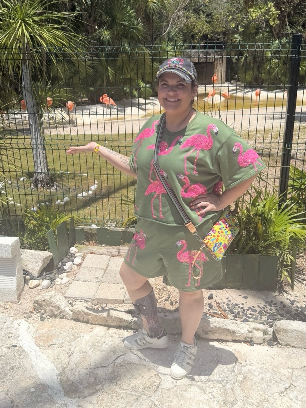 QUEEN OF SPARKLES Olive Green Flamingo Embroidered Shorts and Top